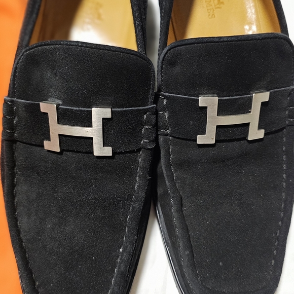 Hermes Black Suede Loafers with Silver Accent